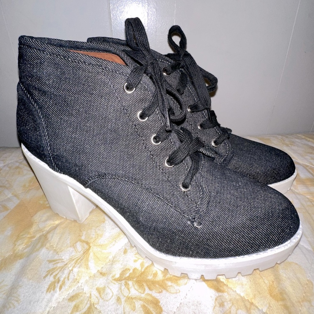 Denim Booties Shoes Chunky White High Heel Lace Up